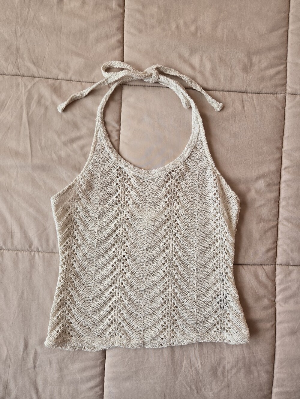 H&M Cream Pointelle Crochet Knit Halter Backless Top S - Picture 5 of 9